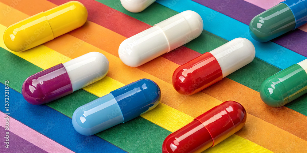 Poster various colorful capsules are placed on a bright striped background, showcasing an array of colors a