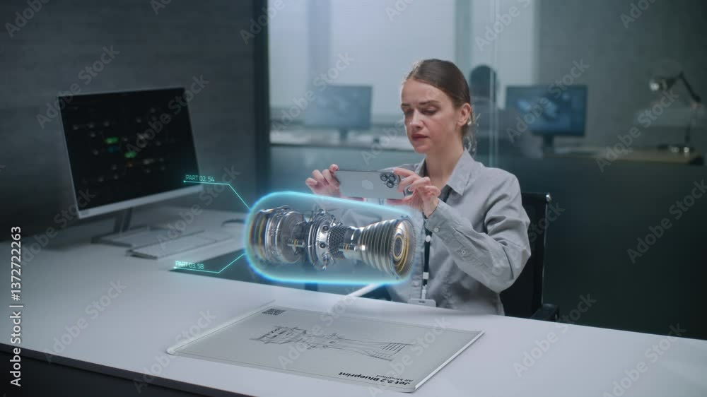 Fototapete female engineer uses smartphone to visualize 3d holographic model of renewable energy engine in futu
