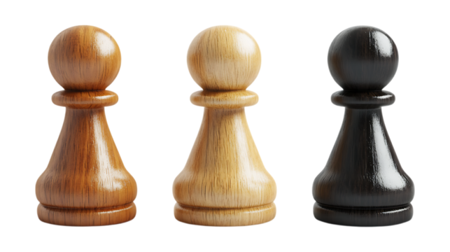 Wooden Pawn Icon Set in Three Poses on Transparent Background for Chess Graphics, Game Illustrations, or Strategy Concepts