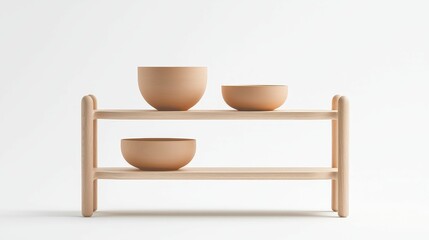 A minimalistic wooden shelf displays three elegant ceramic bowls, showcasing a blend of natural materials and simple design.