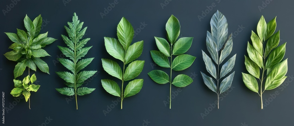 Poster diverse foliage arrangement on dark background showcasing botanical variety and natural textures in 