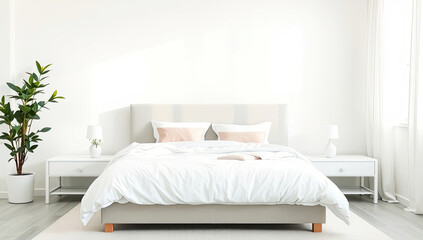Modern Bedroom Wallpaper Bright White Room with Upholstered Bed and Minimalist Decor