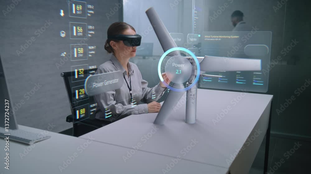 Fototapete futuristic office: female engineer uses augmented reality headset to visualize 3d holographic model 