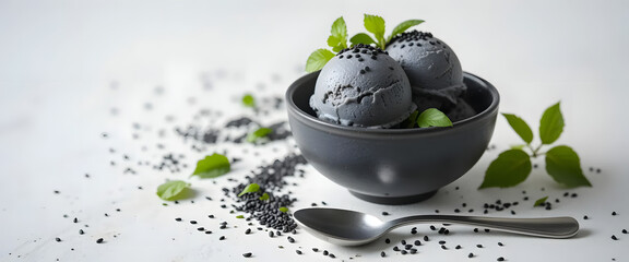 Gourmet Black Sesame Ice Cream with Seeds and Green Garnish