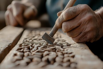 A craftsman expertly chisels intricate patterns into wood, showcasing traditional carving techniques and dedication to artistry.