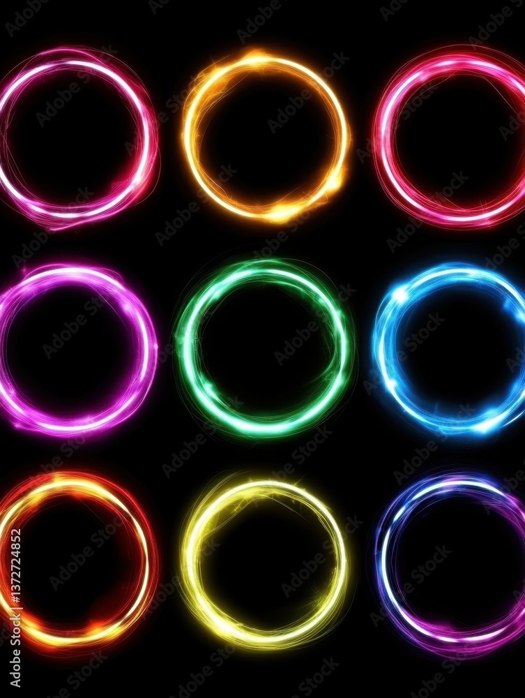 Aufkleber luminous circles in vivid colors on black backdrop a captivating display of light and energy abstrac
