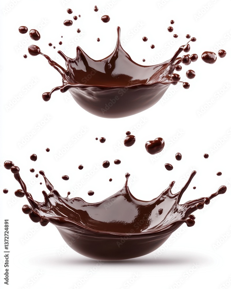 Poster decadent chocolate splash in dynamic motion against a pristine white backdrop for culinary and desse