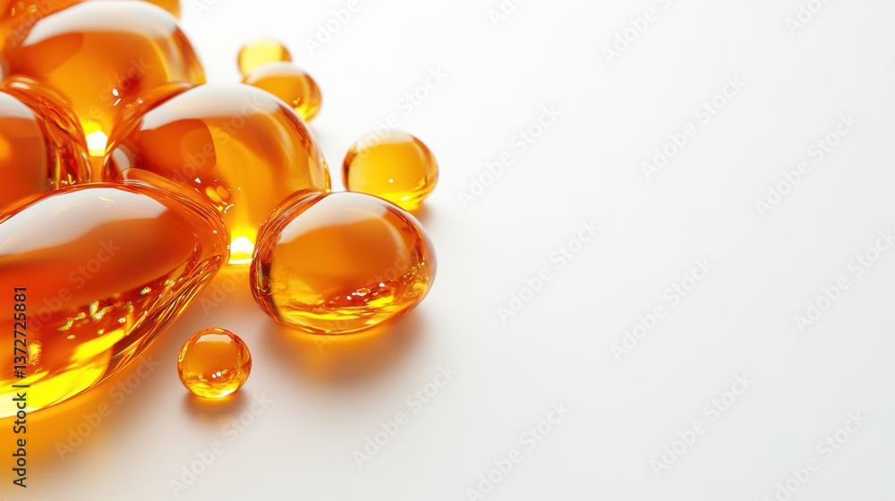 Poster golden liquid drops on white surface creating a clean and modern abstract background for healthcare 