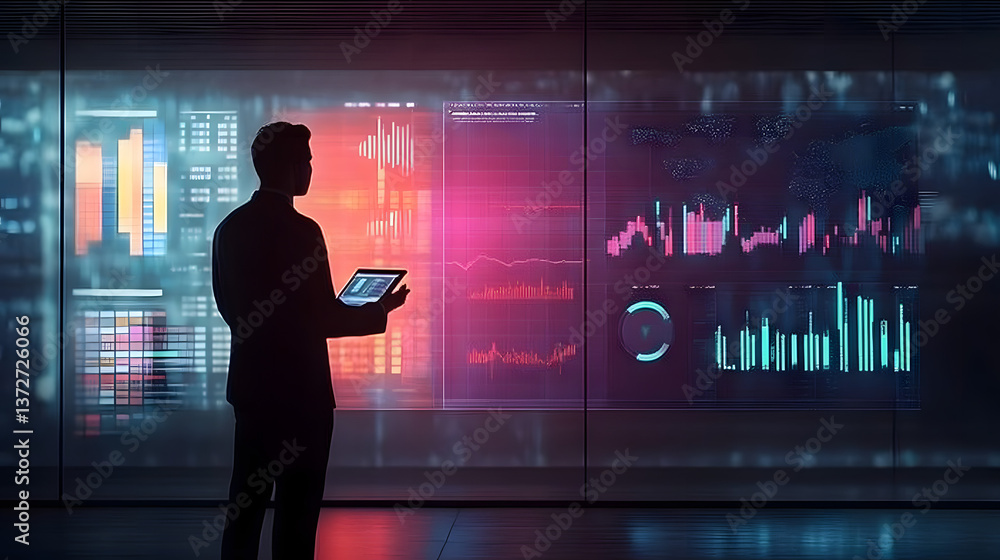 Poster a businessman standing in front of a large presentation screen, analyzing sales data and discussing 