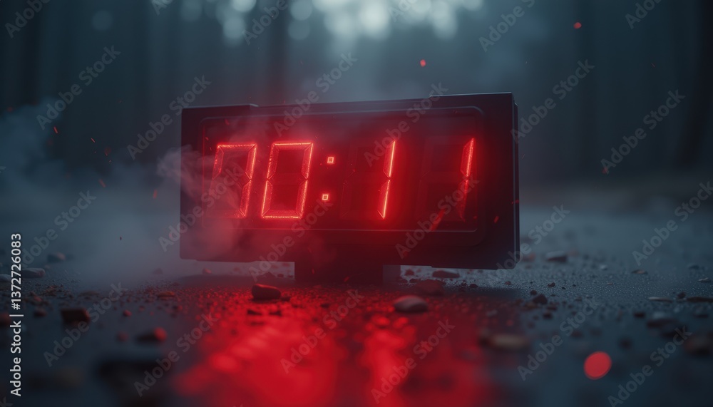 Aufkleber digital clock displaying 70:11 in foggy forest setting