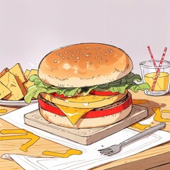 Delicious burger with cheese and vegetables served with snacks  