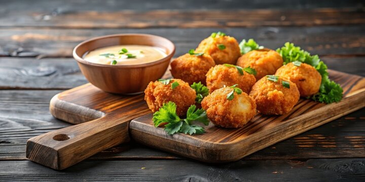 Crispy fried conch fritters on a wooden board with dipping sauce , seafood, tasty,  seafood, tasty