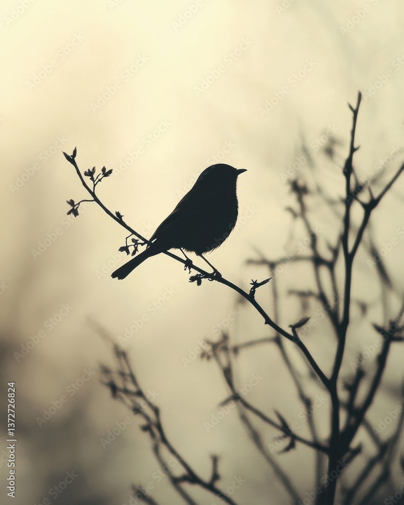 Poster silhouette of a small bird perched on a delicate branch against a soft muted sky creating a peaceful