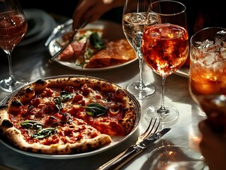 Luxurious Italian pizza and handcrafted beverages at an upscale restaurant