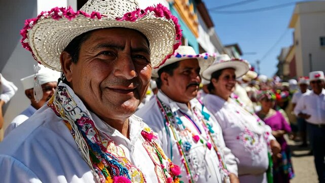 Traditional celebration featuring men in white clothing and sombreros in a lively street festival