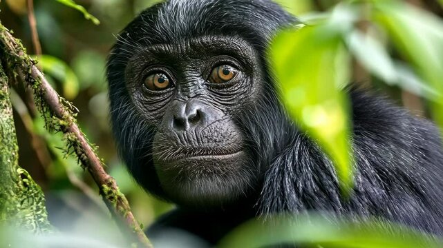 Close encounter with a black monkey in the dense rainforest during midday hours, showcasing its expressive gaze and lush surroundings
