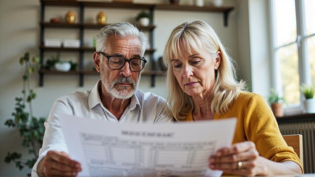 Concerned senior couple reviewing financial documents at home, potentially bills or statements. - Powered by Adobe