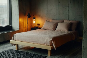 Modern Bedroom Interior with Beige Bedding and Warm Lighting, Cozy and Relaxing Atmosphere