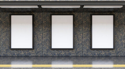 Empty billboard advertising spaces on a textured tiled wall in a subway station. Mockups.
