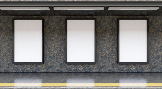 Empty billboard advertising spaces on a textured tiled wall in a subway station. Mockups.