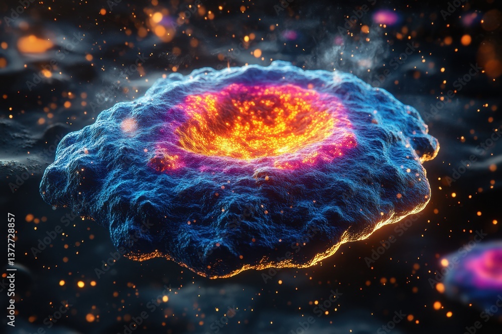 Poster microscopic view of a cellular structure with glowing center and blue surface in a dark space with b