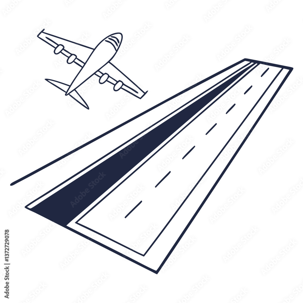 Poster airplane taking off above a runway in linear style