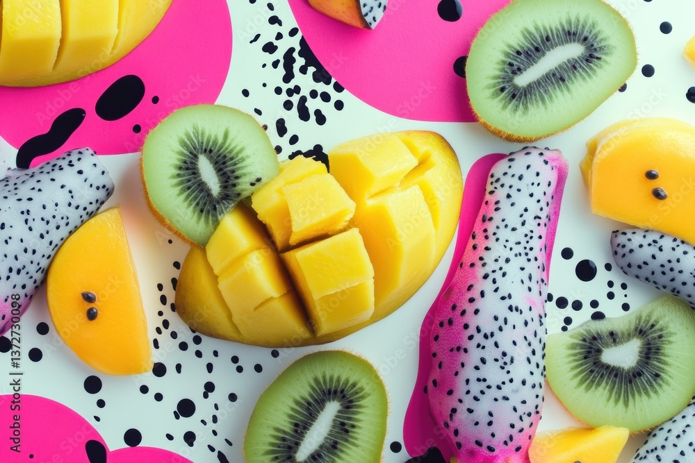 Poster bright tropical fruits arranged artistically with vibrant colors and modern patterns create a lively