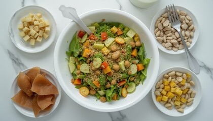 Fresh salad with toppings served in bowls on a white table  