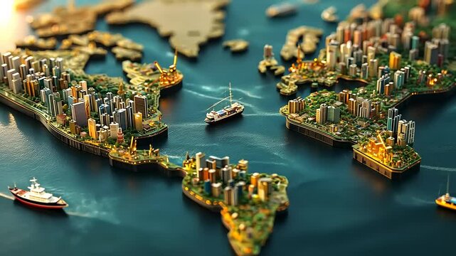 A detailed miniature model of a world map with vibrant cities and ships navigating through waters
