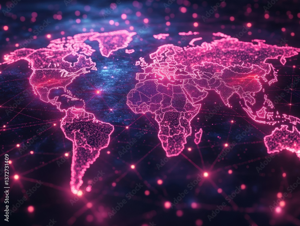 Aufkleber a world map with a dark background and pink outlines of continents
