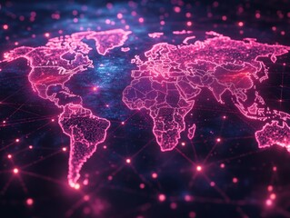 A world map with a dark background and pink outlines of continents