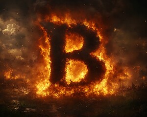 A large fiery letter B consumes a landscape of burning embers