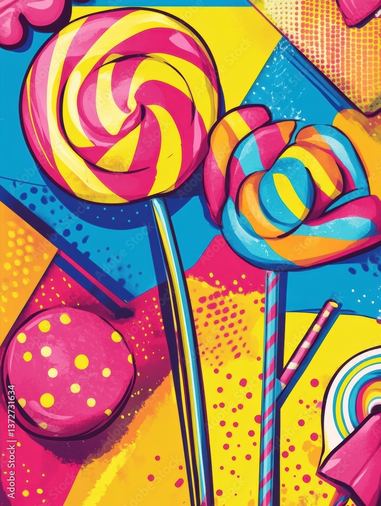 Aufkleber bright and vibrant pop-art background featuring oversized lollipops and colorful candy shapes with b