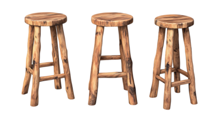 Wooden Bar Stool Set in Three Poses on Transparent Background for Furniture Branding, Interior Design, or Home Decor Illustrations