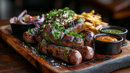 Grilled sausages served on a wooden board with dipping sauces and herbs, making for a hearty beer snack against a dark backdrop