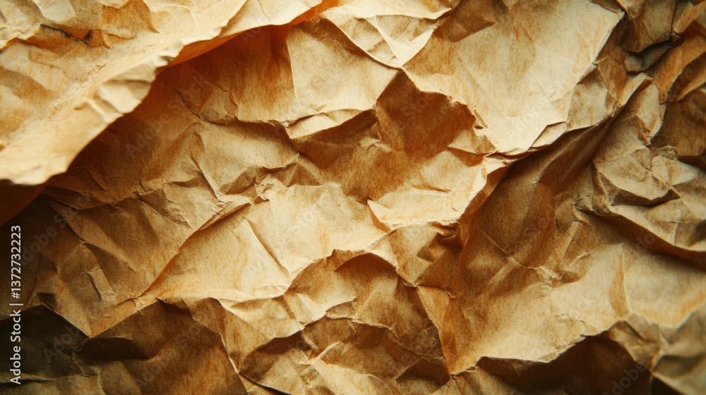 Poster crumpled brown paper texture creating an abstract design with shadows and highlights for background 