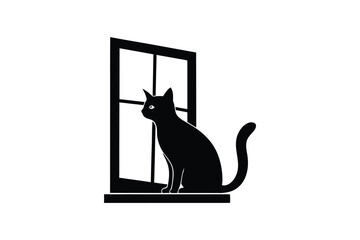 Silhouette design of a cat sitting on a windowsill vector art illustration.eps
