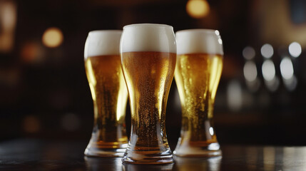 Three glasses of light beer served with crispy country-style potatoes on a dark tabletop