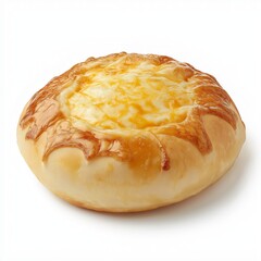 Round cheese bread roll with melted topping on white background