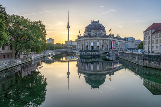 Fernsehturm Berlin and Bode Museum at sunrise, Berlin, Germany