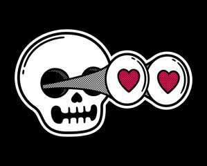Finny cartoon skull with heart eyes popping out. Comic style surprise reaction. Old school retro halftone texture.  Vector clipart illustration.