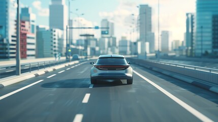 Obraz premium Self driving car navigating city highway, 3D VFX concept of autonomous vehicle technology