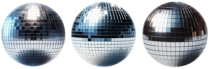 Three disco balls with reflective mirrored tiles arranged in a horizontal row view