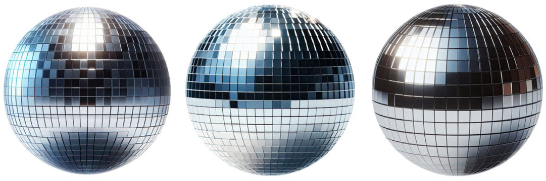 Three disco balls with reflective mirrored tiles arranged in a horizontal row view