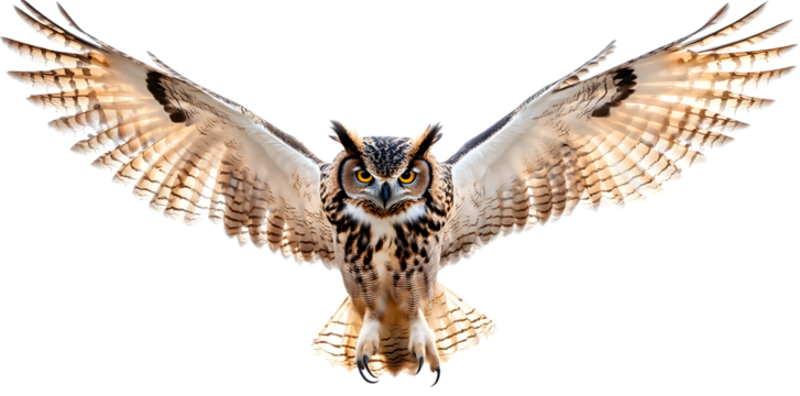 With wings outstretched and feathers rustling, a majestic solitary owl takes to the sky, its sharp talons extended and its piercing gaze fixed intently, as it stands out against a pure white isolated