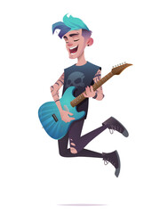 A dynamic illustration of a punk rocker jumping with an electric guitar. With blue hair, tattoos, and ripped black clothes. Perfect for music, rock, and alternative culture themes