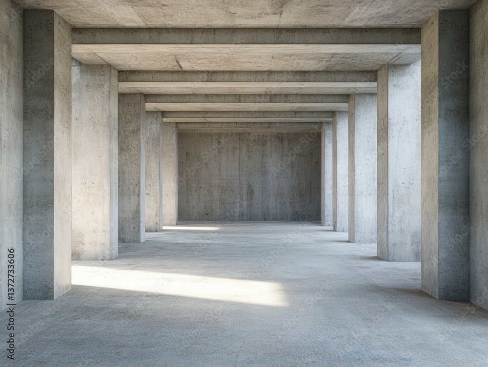 Aufkleber concrete architecture corridor with sunlight casting shadows creating a minimalist modern industrial