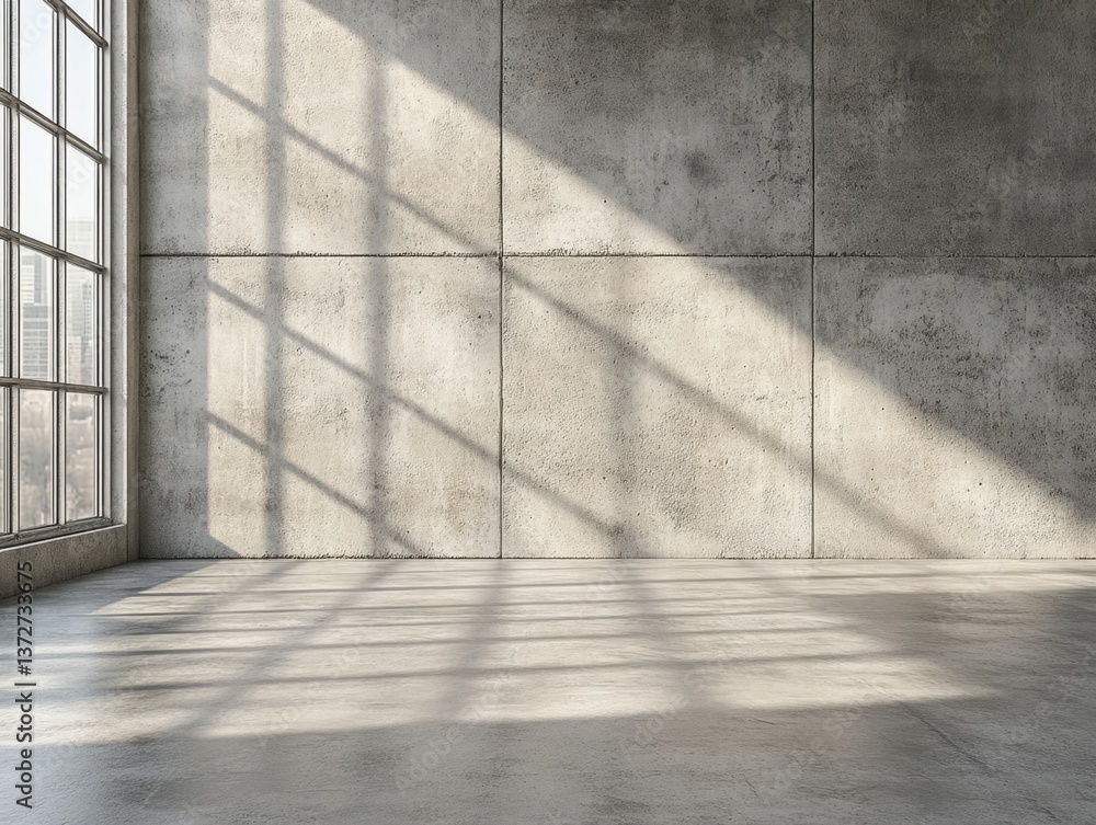 Poster sunlight streams through large window onto concrete wall and floor creating a modern minimalist inte