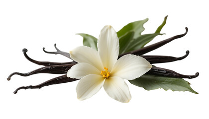vanilla flower with pods and leaves