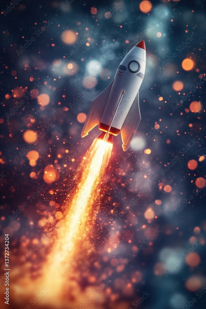 Poster retro rocket launching into the cosmos with fiery blast and bokeh lights in a vertical composition f